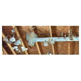 5 BRASS-AND-GLASS HANGING LIGHT FIXTURES/CHANDELIERS; ALL UNTESTED - STEP LADDER REQUIRED FOR REMOVAL
