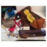 LARGE LOT OF VINTAGE TOYS TO INCLUDE CAP/TOY GUNS, VEHICLES, COSTUMES INCLUDING VINTAGE DALE EVANS SKIRT, DOLL, FULL LARGE PLASTIC TOTE, AND ADDITIONAL FULL BOX