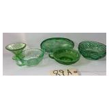 5 VINTAGE GLASS PIECES: DEPRESSION/URANIUM GLASS SHERBET AND TWO-HANDLED BOWL, OPALESCENT HANDLED NAPPY BOWL, PRESSED FOOTED BOWL WITH GOLD TRIM, AND OVAL “PICKLE DISH” WITH GOLD TRIM