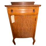 ANTIQUE TIGER OAK MUSIC CABINET WITH DRAWER, DOOR, CURVED FRONT LEGS, AND 4 WOODEN INTERIOR SHELVES