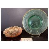 LARGE GREEN DEPRESSION-ERA ELEGANT PLATE WITH GOLD EDGES; RUFFLED CARNIVAL GLASS BOWL
