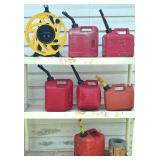 6 ASSORTED PLASTIC GASOLINE CANS, PLASTIC CORD/HOSE REEL, ROLL OF MESH GUTTER GUARD