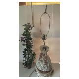 LARGE VINTAGE FIGURAL LAMP WITH APPLIED LACE AND FLORAL DECOR AND WOOD/BRASS TRIM; APPROX. 17" TO TOP OF FIGURE