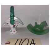 SMALL VINTAGE FENTON HAND-PAINTED GLASS BASKET, ARTIST-SIGNED WITH PAPER LABEL; DEPRESSION-ERA JADEITE SCOTTIE DOG INK BLOTTER