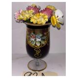VINTAGE RUBY RED FOOTED HAND-PAINTED VASE WITH GOLD TRIM, 7" TALL