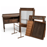 ASSORTED FURNITURE AND DECOR TO INCLUDE MIRROR; LINEN RACK; SERVER MISSING TOP DRAWER; FRAMES; OAK TABLETOP WITHOUT LEGS; EMERSON PHONOGRAPH CASE (CASE ONLY); VICTORIAN TOP TRIM - APPEARS TO BE FOR A 