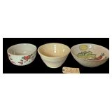 LARGE VINTAGE HALL SUPERIOR KITCHENWARE USA RIBBED BOWL WITH FLORAL DECOR; MCCOY NO. 10 BLUE-AND-PINK-BANDED BOWL; OTHER BOWL WITH INTERIOR DECOR AND CHIP