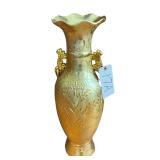 LARGE VINTAGE GOLD-ENAMELED PORCELAIN VASE WITH ORNATE HANDLES AND FLUTED TOP, APPROX. 27" TALL