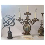 VINTAGE BRASS/BRASS-TONE 3-LIGHT CANDELABRUM WITH PORTRAIT INSERT; FEW NICKS TO MARBLE; SINGLE BRASS OR BRONZE CANDLESTAND ON MARBLE BASE; DECORATIVE METAL SPHERE WITH DIRECTIONAL ARROW, SMALL NICK TO