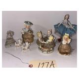 5 VINTAGE FIGURINES, SOME WITH APPLIED LACE DETAILS; 1 GIRL FIGURE WITH 2 POODLES ATTACHED BY CHAIN