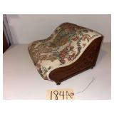 SMALL VINTAGE CARVED WOOD “GOUT STOOL” WITH UPHOLSTERED TOP, APPROX. 11.5" X 8" X 11"