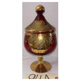 VINTAGE HAND-PAINTED ENAMELED FOOTED COVERED JAR WITH GOLD-TONE TRIM, APPROX. 9" TALL