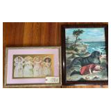 ANTIQUE FRAME WITH DAMAGE AND PRINT OF DOG AND SLEEPING GIRL; GOLD-TONE MATTED FRAME WITH CENTRAL CUTOUT OF 4 VICTORIAN GIRLS, CUTOUT APPEARS TO BE VINTAGE