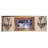 2 VINTAGE ELECTRIC WALL CHANDELIERS/SCONCES WITH NUMEROUS PRISMS; FRAMED AND MATTED PRINT IN GOLD-TONE FRAME