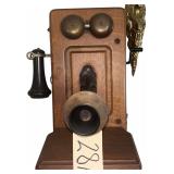 ANTIQUE OAK WALL TELEPHONE WITH CRANK, MOUTHPIECE, AND EARPIECE, IN GOOD CONDITION