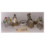 LOT OF 9 VINTAGE FIGURINES INCLUDING RED-LETTER JAPAN; FIGURES WITH APPLIED LACE DETAIL; COLONIAL-SCENE ASHTRAY