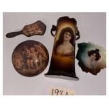 VINTAGE WARWICK LARGE DOUBLE-HANDLED PORTRAIT VASE WITH TWIG-STYLE HANDLES; BAVARIAN LEAF-SHAPE PORTRAIT DISH; LARGE CHERUB-DECORATED DRESSER BOX WITH MATCHING BRUSH
