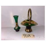 VINTAGE EMERALD-GREEN ENAMELED BASKET - APPEARS TO BE HAND-PAINTED WITH HEAVY GOLD-TONE OVERLAY; BUD VASE