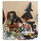LARGE LOT OF ANTIQUE AND VINTAGE TOYS TO INCLUDE NYLINT DIE-CAST FIRE TRUCK; CAP GUN, AS-IS; GI JOE TOYS; 2 WRESTLING FIGURES; LARGE PLASTIC AIRPLANE; DIE-CAST BATMOBILE; SMALL MATCHBOX-SIZE DIE-CAST 