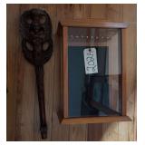 CARVED WOOD WALL HANGING, APPROX. 22 3/4" LONG, APPEARS TO BE CONVERTED FROM TABLE LEG; WOOD DISPLAY CASE WITH BRASS HANGING PEGS, APPROX. 16 3/8" X 11 3/8" X 6 3/4"