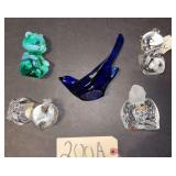 5 FENTON ART GLASS FIGURES: AQUA GLASS BEAR, 2 CLEAR BEARS, COBALT LONG-TAILED BIRD, AND BIRTHDAY ANGEL