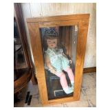 LARGE VINTAGE DOLL IN OAK DISPLAY CASE; PLAQUE STATES DOLL BELONGED TO TRULA HALL AND WAS GIVEN TO SHARON WORD