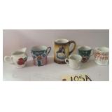 4 MUGS AND CREAMER: “THINK OF ME,” “A PRESENT”—GERMANY, “THINK OF ME”—GERMANY, PORTRAIT MUG, AND FLORAL CREAMER