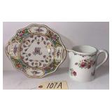 VINTAGE FLORAL PIERCED HANDLED PLATE MARKED DRESDEN, GERMANY, APPROX. 10" DIAMETER; ANTIQUE PORCELAIN MILK PITCHER WITH ROSE DECOR