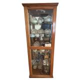 VINTAGE OAK DISPLAY CABINET WITH 5 GLASS SHELVES AND 4 SIDE-OPENING DOORS; UPPER RIGHT GLASS DOOR MISSING; CONTENTS NOT INCLUDED