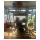 LARGE MISCELLANEOUS LOT TO INCLUDE PLASTIC SHELVING WITH CONTENTS, BOX LOTS, AND CLOTHES RACK