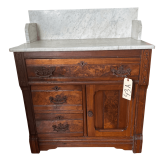 ANTIQUE EASTLAKE-STYLE WALNUT VICTORIAN WASHSTAND WITH MARBLE TOP AND BACKSPLASH, APPROX. 36" TALL X 30" WIDE X 17" DEEP