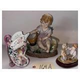 LARGE BISQUE-TYPE FIGURINE; HANDLED CHERUB VASE; FIGURAL SCENE ON WOODEN BASE; FIGURAL WALL POCKET NOT PICTURED