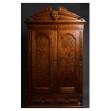 ANTIQUE WALNUT CHIFFEROBE WITH BURL DETAIL AND EVIDENCE OF REPAIRS; 2 DOORS OVER 2 DRAWERS; APPROX. 4.5 FT. WIDE X 7 FT. TALL X 19" DEEP