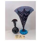 VINTAGE HAND-BLOWN ART GLASS VASE WITH AMETHYST UNDERTONES AND LARGER HAND-BLOWN FAN-STYLE VASE WITH BLUE UNDERTONES; LARGER VASE APPROX. 13.5" TALL