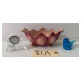 SMALL BATTERY-OPERATED CLOCK, HULL PLANTER, AND BLUE GLASS BIRD