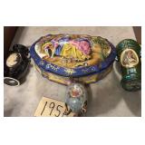 VINTAGE DECORATIVE LOT: 2 HANDLED VASES, LARGE PORTRAIT DRESSER BOX, AND IRIDESCENT PORCELAIN FOOTED EGG CUP