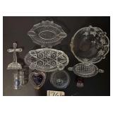 VINTAGE GLASS LOT: 2 RUBY-FLASHED PIECES—1937 TOOTHPICK HOLDER AND HEART DISH; PATTERN-GLASS RELISH DISHES; BLUE CIRCLE DRIVE-IN GLASS; COOKIE JAR LID