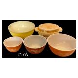 VINTAGE SET OF 3 STACKING PYREX AUTUMN HARVEST/WHEAT BOWLS, LARGE YELLOW PYREX BOWL, AND ANCHOR HOCKING BAKER WITH IRIDESCENT “FRUIT HARVEST” LID