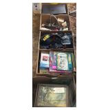 5 BOXES OF ASSORTED ITEMS TO INCLUDE ANTIQUE/VINTAGE PRINTS, CHRISTMAS LIGHTS, ARMY AND OTHER HATS, SUSPENDERS, HAMMER, SAW, BRIEFCASE, ETC.