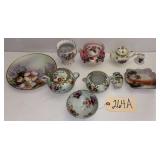 HAND-PAINTED, ARTIST-SIGNED BAVARIAN PLATE; JAPANESE CREAMER AND SUGAR WITH MATCHING BOWL; 2 MADE-IN-CHINA MINIATURE TEAPOTS; OCCUPIED JAPAN MINIATURE VASE; VASE WITH CHERUB DECOR