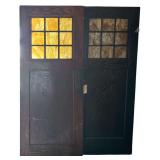 2 SOLID-WOOD DOORS WITH SLAG-GLASS PANELS, APPROX. 7