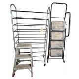 LARGE FOLDING STEPLADDER, SMALL FOLDING STEPLADDER, ROLLING RACK, AND SMALL STEP STOOL