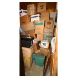 ENTIRE CONTENTS OF GARAGE CLOSET TO INCLUDE SINKS, FILLED PLASTIC TOTES, AND NUMEROUS CARDBOARD BOXES OF ASSORTED ITEMS