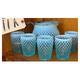 ANTIQUE BLUE FENTON HOBNAIL OPALESCENT PITCHER AND 5 TUMBLERS