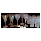 VINTAGE GLASSWARE: 5 ICED-TEA TUMBLERS WITH PRESSED PATTERN AND GOLD RIM, 3 MATCHING TALL FOOTED GOBLETS, AND 3 IRIDESCENT FLUTED GOBLETS