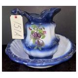 VINTAGE FLOW-BLUE-STYLE BOWL AND PITCHER WITH FRUIT APPLIQUÉ