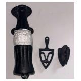 VINTAGE COCA-COLA CAST IRON DOOR HANDLE/PULL, MINIATURE CAST IRON TRIVET, AND ADDITIONAL IRON ITEM