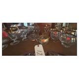 CONTENTS OF TOP 2 SHELVES OF CORNER CHINA CABINET: APPROX. 33 PIECES OF ASSORTED GOLD-TRIMMED GLASSWARE, INCLUDING STEMWARE AND OTHER ITEMS
