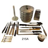 VINTAGE REGAL ALUMINUM STACKING PICNIC SET, GRATER, MARBLE-STYLE PAPER TOWEL HOLDER, BOXED INDIVIDUAL GOLD-TONE KNIVES—BOX LABELED “24K GOLD-PLATED,” VINTAGE KITCHEN KNIVES, MEAT THERMOMETERS, A