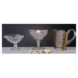 IMPERIAL IRIDESCENT ART GLASS COMPOTE, GLASS COMPOTE WITH APPLIED DETAILS MADE IN POLAND, AND DAISY & BUTTON PRESSED GLASS PITCHER WITH AMBER GLASS RELIEFS